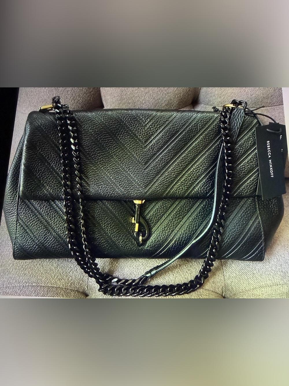 Rebecca Minkoff Edie Emboss Large Black Leather Shoulder Bag with Chain Strap